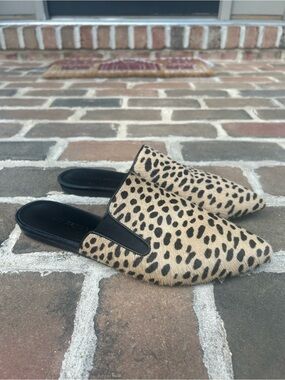 Jenni Kayne leopard animal print pony hair leather flat mules 39 8.5
